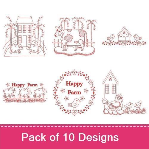 Redwork Farm Animal Embroidery Bundle – Happy Farm Sheep, Cow in Fence, Barn with Stars & More (10 Designs)
