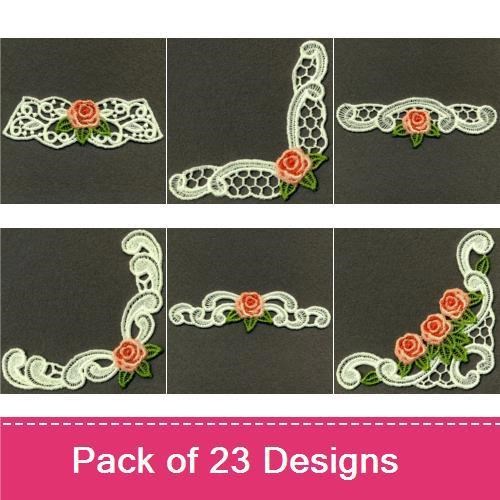 FSL Rose Lace Embellishments Embroidery Bundle – Lace Corner & Border Designs (23 Designs)