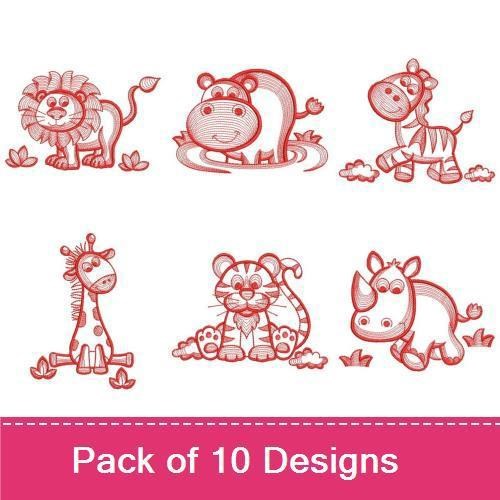 Redwork Cute Jungle Animals Embroidery Designs Bundle – Lion, Hippo, Zebra, Giraffe & More (10 Designs)