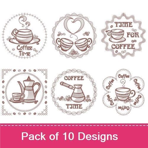 Redwork Coffee & Tea Embroidery Designs Bundle – Coffee Cup, Tea Cup, Coffee Pot & More (10 Designs)