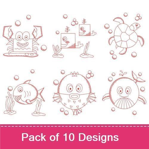 Redwork Ocean Creatures Embroidery Designs Bundle – Shark, Crab, Turtle, Octopus & More (10 Designs)