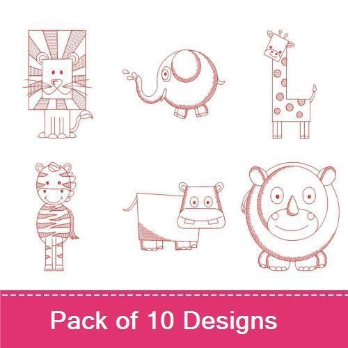Redwork Safari Animals Embroidery Designs Bundle – Lion with Sunburst, Elephant, Giraffe & More (10 Designs)