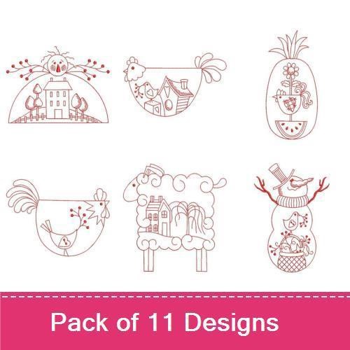 Redwork Farm Animal Embroidery Bundle – Rooster, House, Chick, & More (11 Designs)