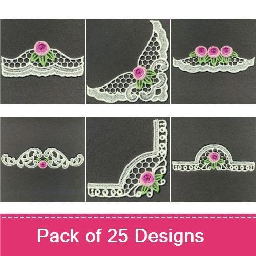 FSL Pink Rose Lace Embroidery Bundle – Lace Corner with Pink Roses, Lace Floral Border, Decorative Lace & More (25 Designs)