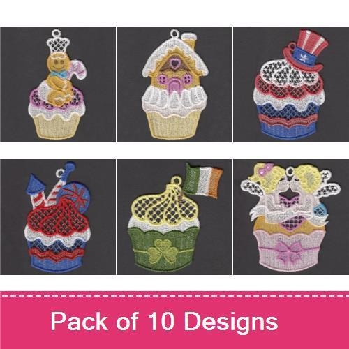 FSL Festive Holiday Cupcakes Embroidery Designs Bundle – Cupcake with Christmas Tree, Gingerbread House, Ornament & More (10 Designs)