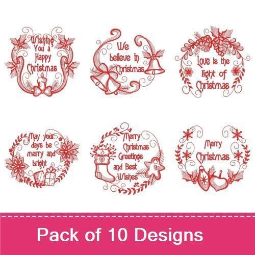 Redwork Christmas Greetings Embroidery Designs Bundle – Merry Christmas, Joyful Christmas Wishes, Peace on Earth & More (10 Designs)