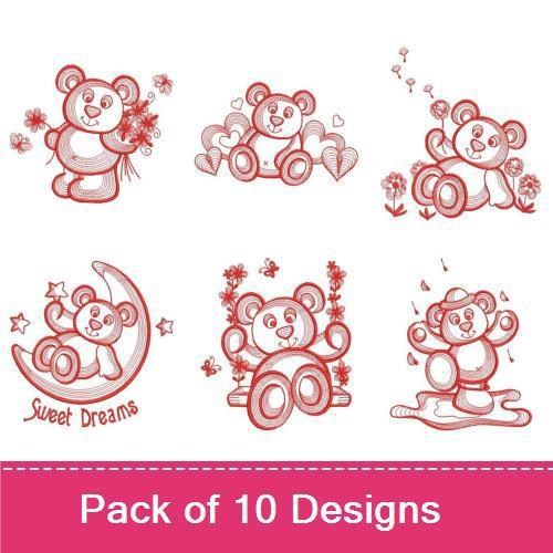 Redwork Cute Teddy Bears Embroidery Bundle – Teddy Bear with Flowers, Hearts, Balloons & More (10 Designs)