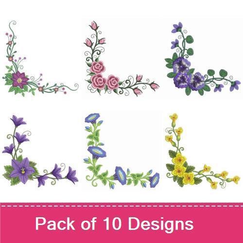 Floral Corner Embellishments Embroidery Designs Bundle – Pink, Blue, Yellow Flowers & More (10 Designs)