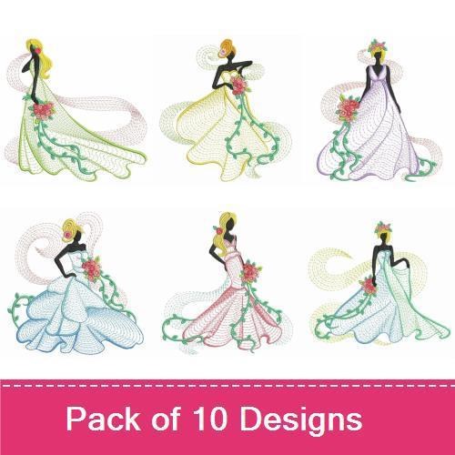 Rippled Elegant Bridal Silhouettes Embroidery Designs Bundle – Bride with Floral Bouquet, Bride in Flowing Gown & More (10 Designs)