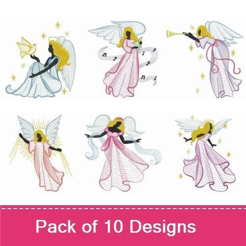 Rippled Angel Embroidery Designs Bundle – Angel with Trumpet, Elegant Angel in Pink, Singing Angel & More (10 Designs)