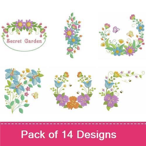 Floral Garden Embroidery Designs Bundle – Floral Wreath with Butterflies, Secret Garden Text, Flower Cluster & More (14 Designs)