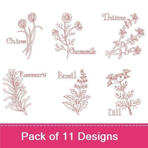 Redwork Herb Garden Embroidery Designs Bundle – Chamomile, Thyme, Rosemary & More (11 Designs)