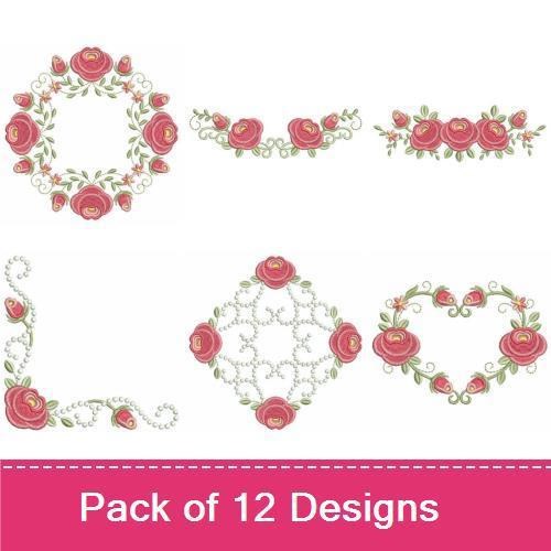 Floral Arrangements Embroidery Designs Bundle – Pink Rose Flourish, Floral Wreath with Roses, Rose Vine Border & More (12 Designs)
