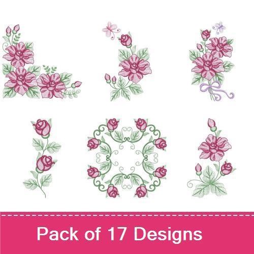 Rippled Elegant Rose Floral Embroidery Designs Bundle – Heart with Roses, Floral Wreath, Rose Bouquet & More (17 Designs)