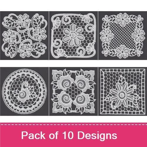 FSL Elegant Lace Embroidery Designs Bundle – Floral Motif, Doily, Heart, Cup & More (10 Designs)