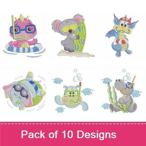 Beach Dog & Animal Embroidery Bundle – Summer Fun (10 Designs)