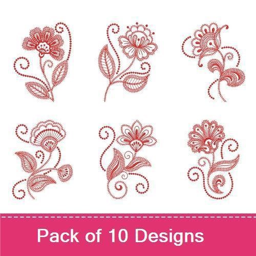 Redwork Swirl Jacobean Flowers