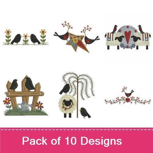 Country Birds Embroidery Bundle – Red Bird on Fence, Birds on a Heart, Birdhouse with Flowers & More (10 Designs)
