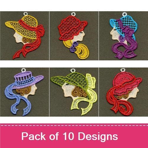 FSL Ladies Hat Silhouettes Embroidery Designs Bundle – Elegant Yellow, Red, Blue & More (10 Designs)