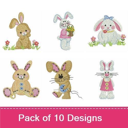 Cute Bunny Embroidery Bundle – Bunny with Flowers, Bunny with Balloon, Pink Bunny with Flower & More (10 Designs)