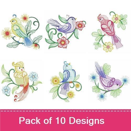 Delicate Birds Embroidery Bundle – Blue Bird, Pink Bird, Colorful Bird & More (10 Designs)