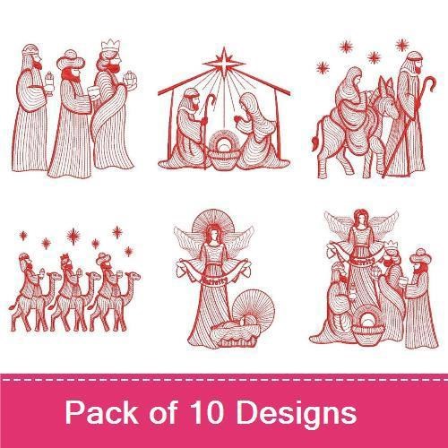 Redwork Nativity Embroidery Designs Bundle – Mary and Baby Jesus, Three Wise Men, Shepherd with Sheep & More (10 Designs)
