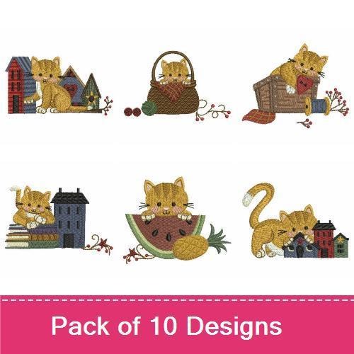 Kitten Adventures Embroidery Designs Bundle – Cat with House, Kitten Playing with Ball & More (10 Designs)