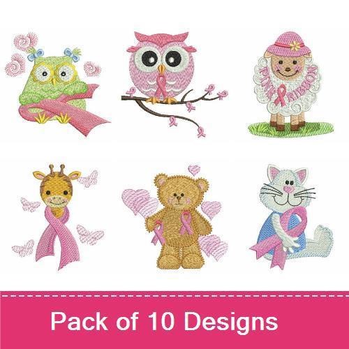 Pink Ribbon Awareness Animals Embroidery Bundle – Cute Designs (10 Designs)