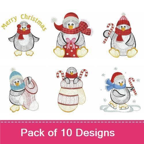 Festive Penguins Embroidery Designs Bundle – Penguin with Red Scarf, Penguin with Candy Cane, Penguin with Present & More (10 Designs)