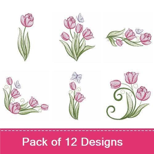 Rippled Tulip Flower Embroidery Designs Bundle – Pink Tulip Bouquet, Tulip Wreath, Tulip Border & More (12 Designs)