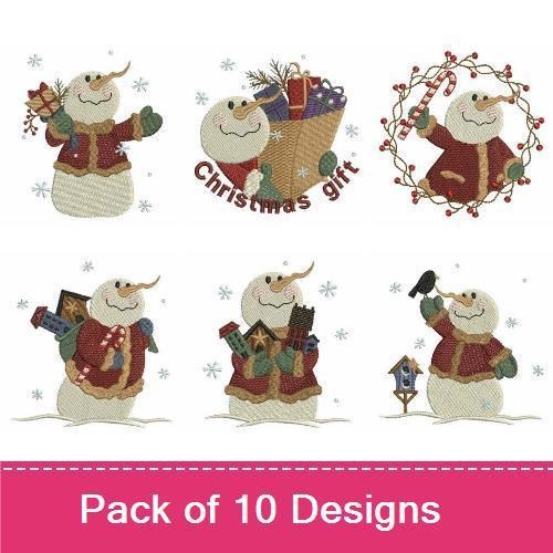 Festive Snowman Embroidery Designs Bundle – Snowman with Christmas Gift, Snowman in Red Scarf, & More (10 Designs)