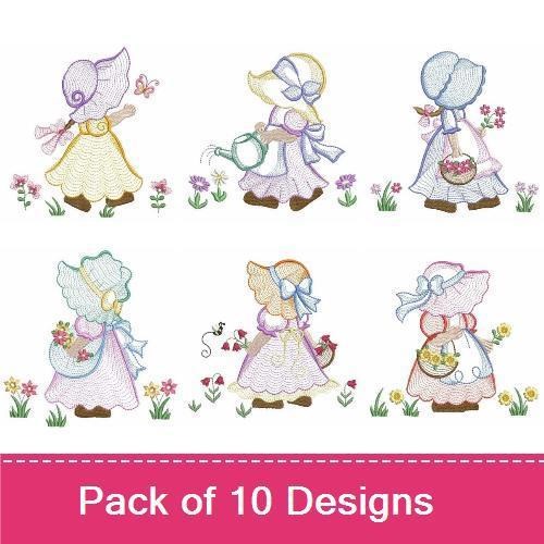 Rippled Vintage Sunbonnet Girls Embroidery Designs Bundle – Watering Can, Flowers, Basket & More (10 Designs)