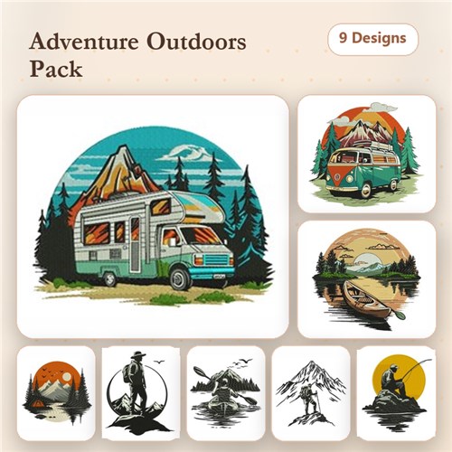 Outdoor Adventure Embroidery Designs Bundle – Camper Van, Hiker, Fishing Scene & More (9 Designs)