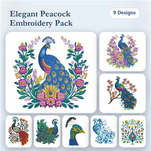Elegant Peacock Embroidery Designs Bundle – Peacock with Flowers, Peacock Displaying Feathers & More (9 Designs)