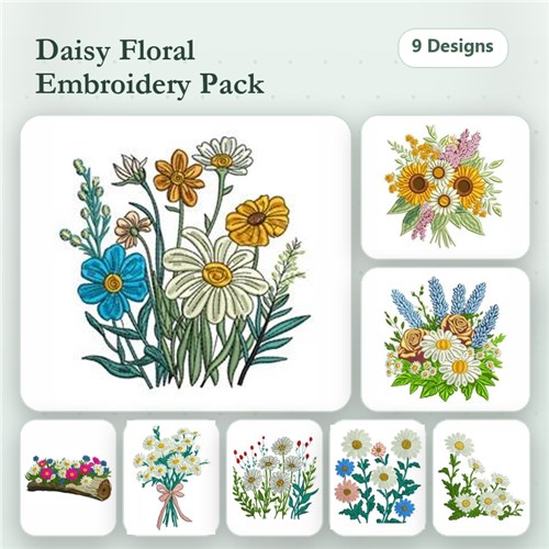 Floral Embroidery Designs Bundle – Daisy Flower Bouquet, Wildflower Arrangement, Blue Daisy Cluster & More (9 Designs)