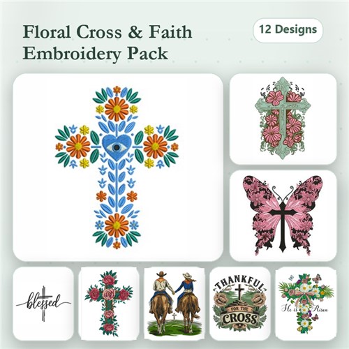 Floral Crosses & Faith Themes Embroidery Designs Bundle – Floral Cross with Eye, Butterfly with Flowers, & More (12 Designs)