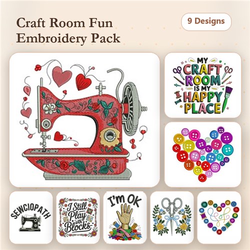 Craft Room Theme Embroidery Designs Bundle – Sewing Machine with Hearts, Funny Craft Saying & More (9 Designs)