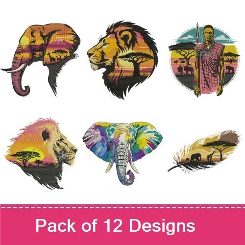 African Wildlife Embroidery Designs Bundle – Elephant Silhouette, Lion Head, African Warrior & More (12 Designs)