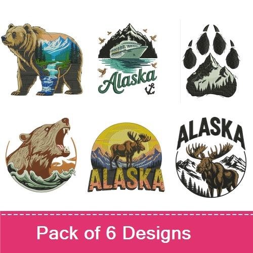 Alaska Wildlife Embroidery Designs Bundle – Grizzly Bear, Alaska Script, Bear Paw Print & More (6 Designs)