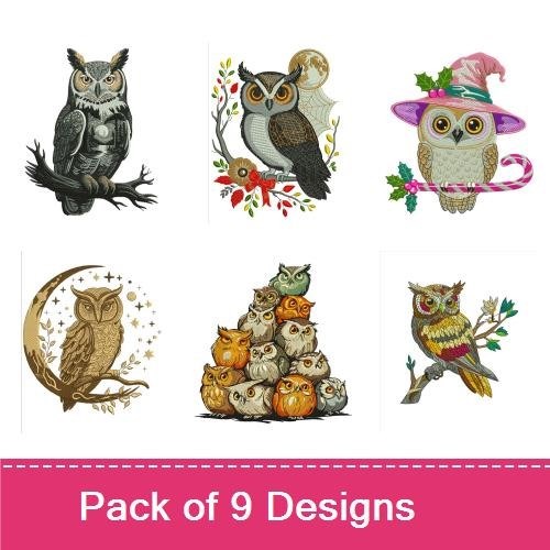 Owl Embroidery Bundle – Owl on Moon, Owl Family, Santa Owl & More (9 Designs)