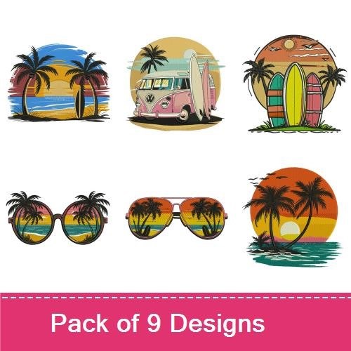 Sunset Beach Scenes Embroidery Designs Bundle – Sunglasses with Palm Trees, Retro Surf Van, Sunset Surfboard & More (9 Designs)