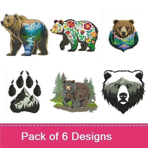Artistic Bear Embroidery Designs Bundle – Grizzly Bear with Landscape, Floral Bear, Bear Shield & More (6 Designs)