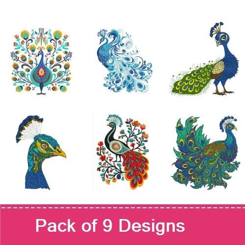 Elegant Peacock Embroidery Designs Bundle – Peacock with Flowers, Peacock Displaying Feathers & More (9 Designs)