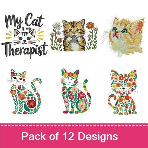 Charming Cats Embroidery Designs Bundle – Playful Kitten, Floral Cat, Tom Cat & More (12 Designs)