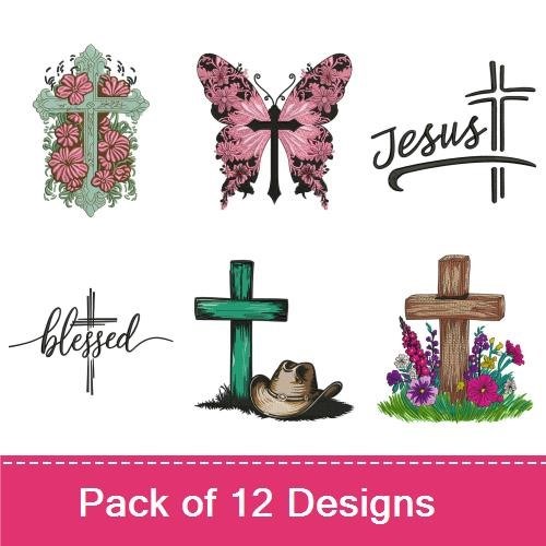 Floral Crosses & Faith Themes Embroidery Designs Bundle – Floral Cross with Eye, Butterfly with Flowers, & More (12 Designs)