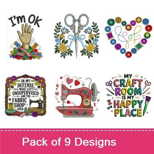 Craft Room Theme Embroidery Designs Bundle – Sewing Machine with Hearts, Funny Craft Saying & More (9 Designs)