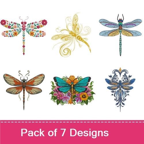 Elegant Dragonflies Embroidery Designs Bundle – Decorative Dragonfly, Floral Dragonfly, Yellow Dragonfly & More (7 Designs)