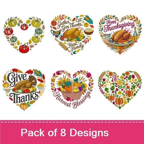 Thanksgiving Heart Embroidery Designs Bundle – Gather Give Thanks Heart, Harvest Heart, Thanksgiving Wishes Heart & More (8 Designs)