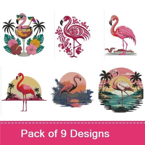 Tropical Flamingos Embroidery Designs Bundle – Flamingo by Water, Flamingo with Palm Trees, & More (9 Designs)