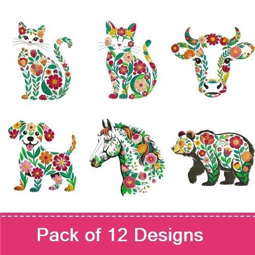 Floral Animals Embroidery Designs Bundle – Cow, Cat, Horse, Bear & More (12 Designs)